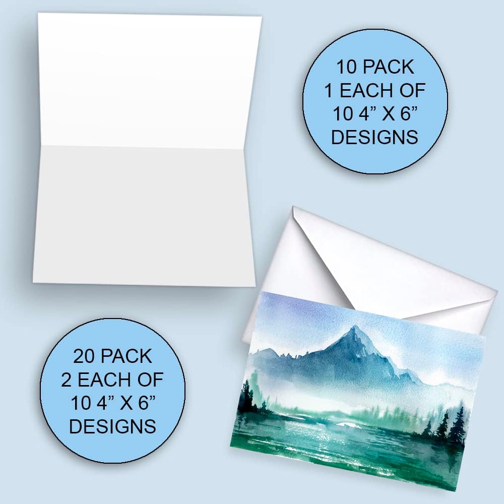 Wright Home & Gift Watercolor Landscapes – Tarjetas de felicitación en blanco para todas las ocasiones  Paquete de 10 surtidos a granel + 10 sobres