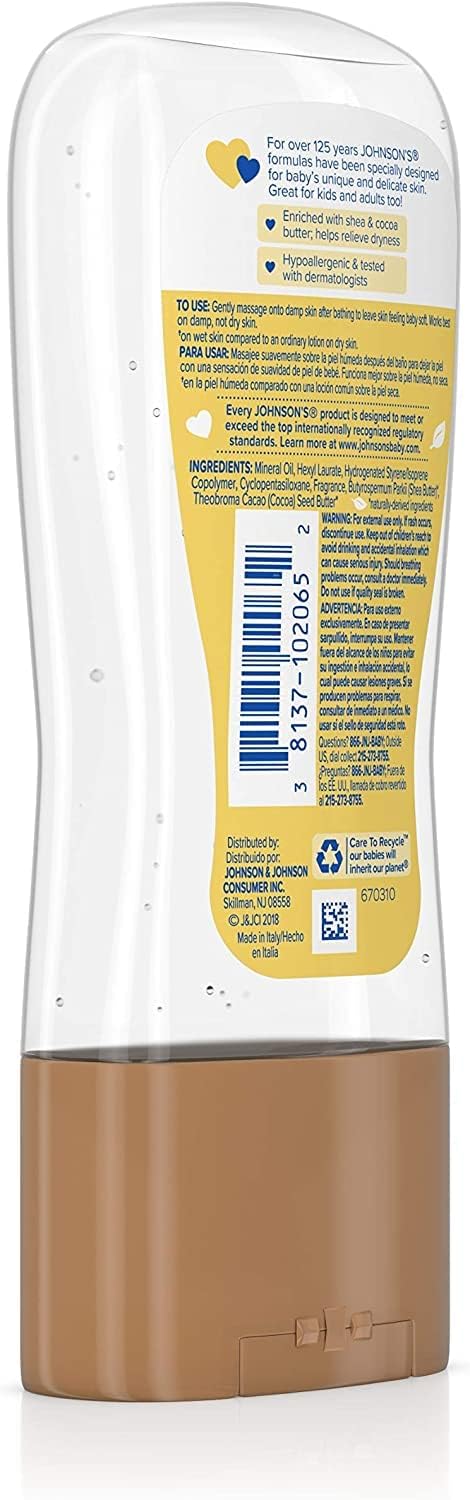 Johnson’s – Gel de aceite para bebé enriquecido con manteca de karité y cacao, ideal para masaje de bebés, 6.5 onzas líquidas (paquete de 2)