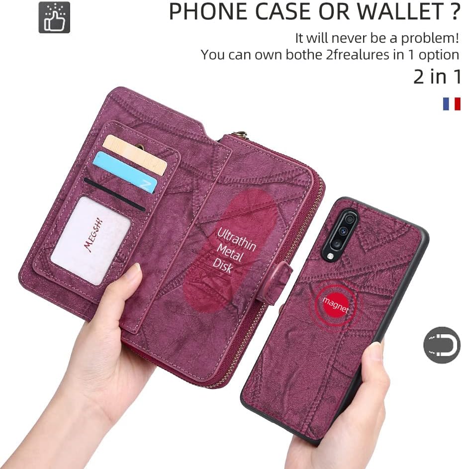 Asuwish Funda de teléfono para Samsung Galaxy A70 con cremallera, funda desmontable con protector de pantalla y soporte de cuero para tarjetas,