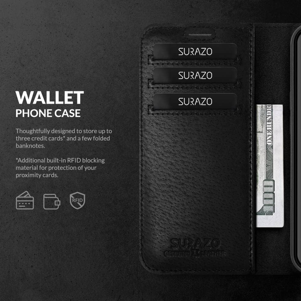 SURAZO Samsung S21 Ultra – Funda de piel auténtica RFID 3 ranuras para tarjetas y bolsillo para efectivo, cierre magnético seguro, función atril,