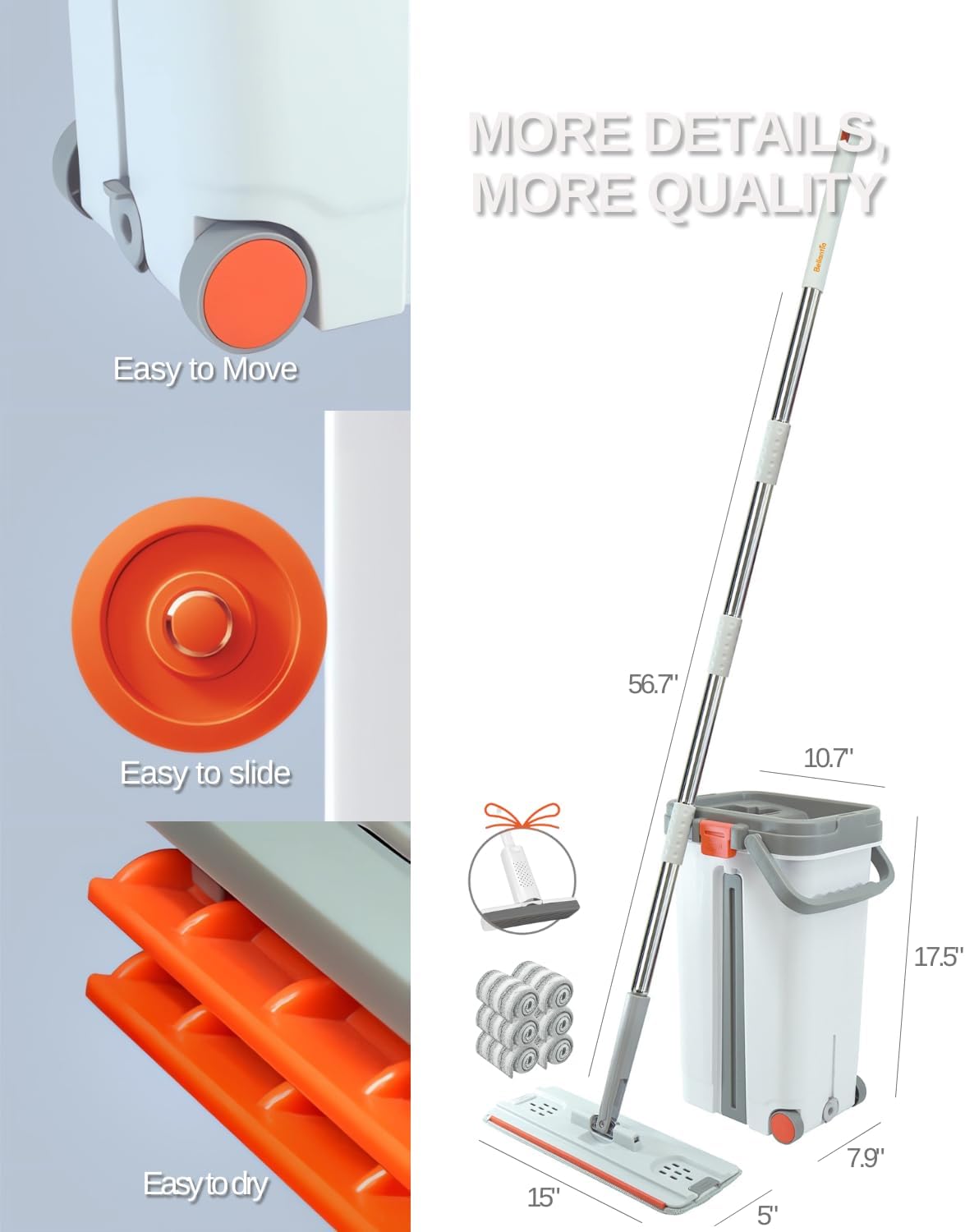 Juego de trapeador y cubo con escurridor con ruedas para el sistema doméstico, 6 trapeadores de microfibra reutilizables, almohadillas mágicas,