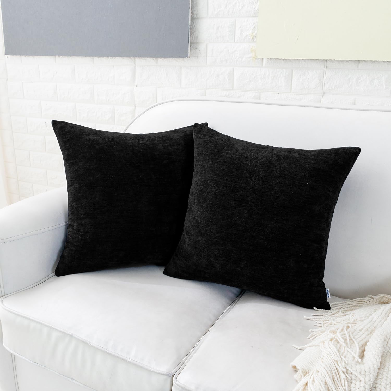HWY 50 Juego de 2 fundas de cojín color negro de 16 x 16 pulgadas para sofá, cama, sala de estar, felpilla suave y sólida, decorativas, cuadradas,