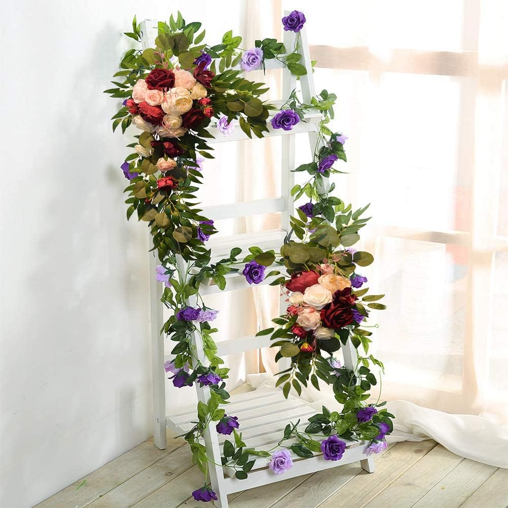 Firlar Kit de flores artificiales para arco de boda, 2 guirnaldas florales decorativas con rosa roja, peonía rosa y hojas de eucalipto, guirnalda de