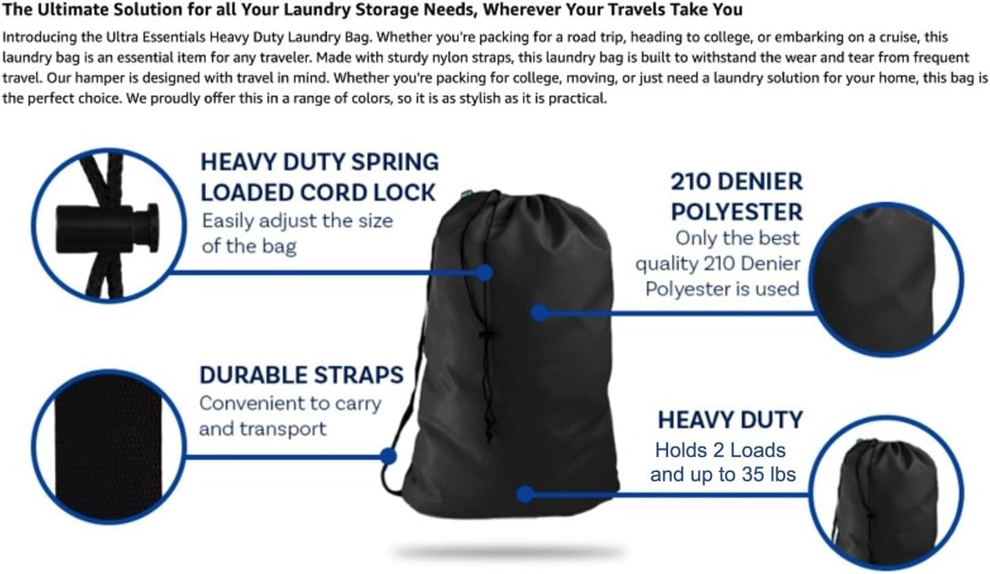 Bolsa de almacenamiento de lavandería resistente con correa para el hombro, 22 x 28 pulgadas, poliéster de 210 denier, soporta 2 cargas o 35 libras,