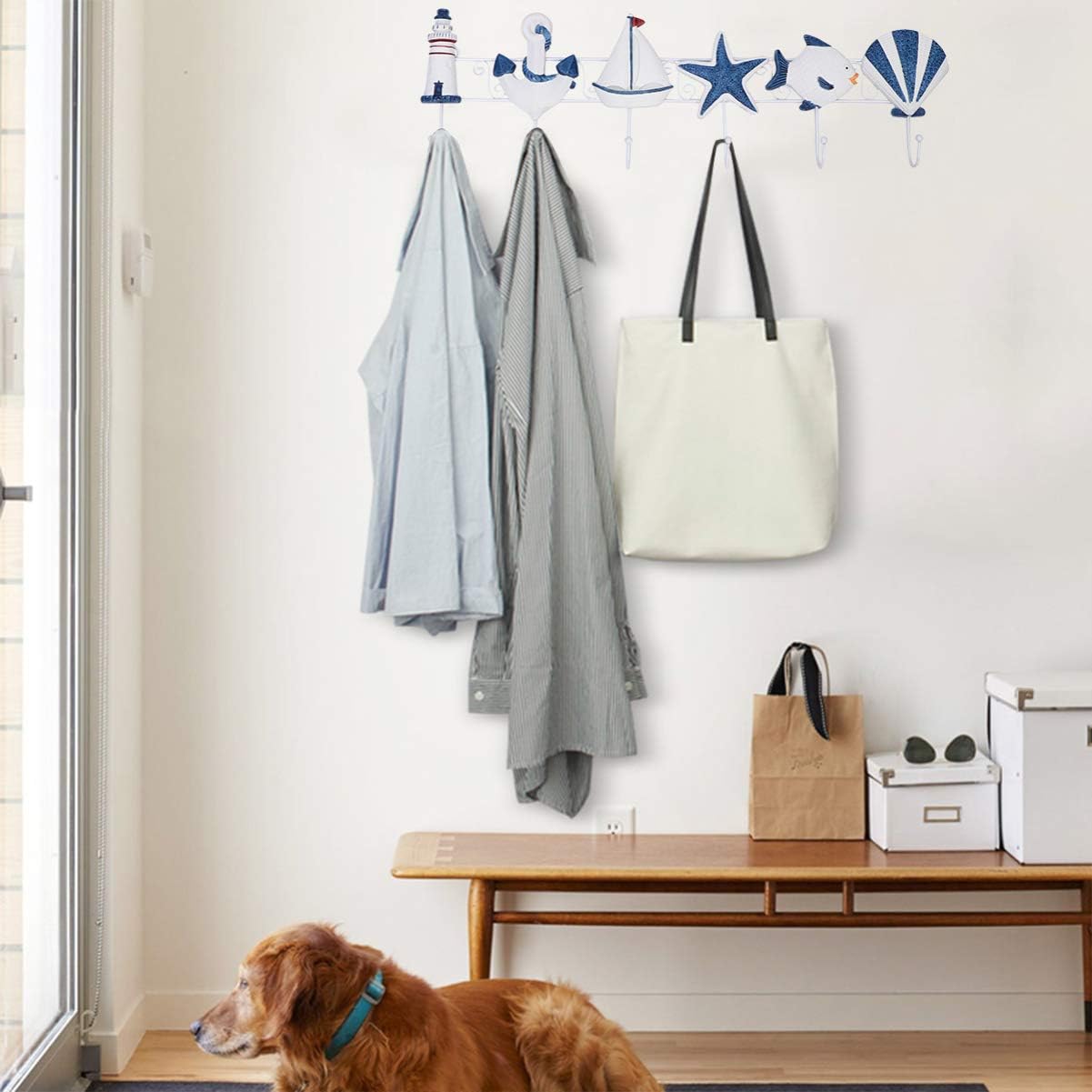 Garneck Ganchos de madera para colgar en la pared, estilo mediterráneo, 6 ganchos, para toallas, abrigos, ropa, llaveros, decoración náutica para el