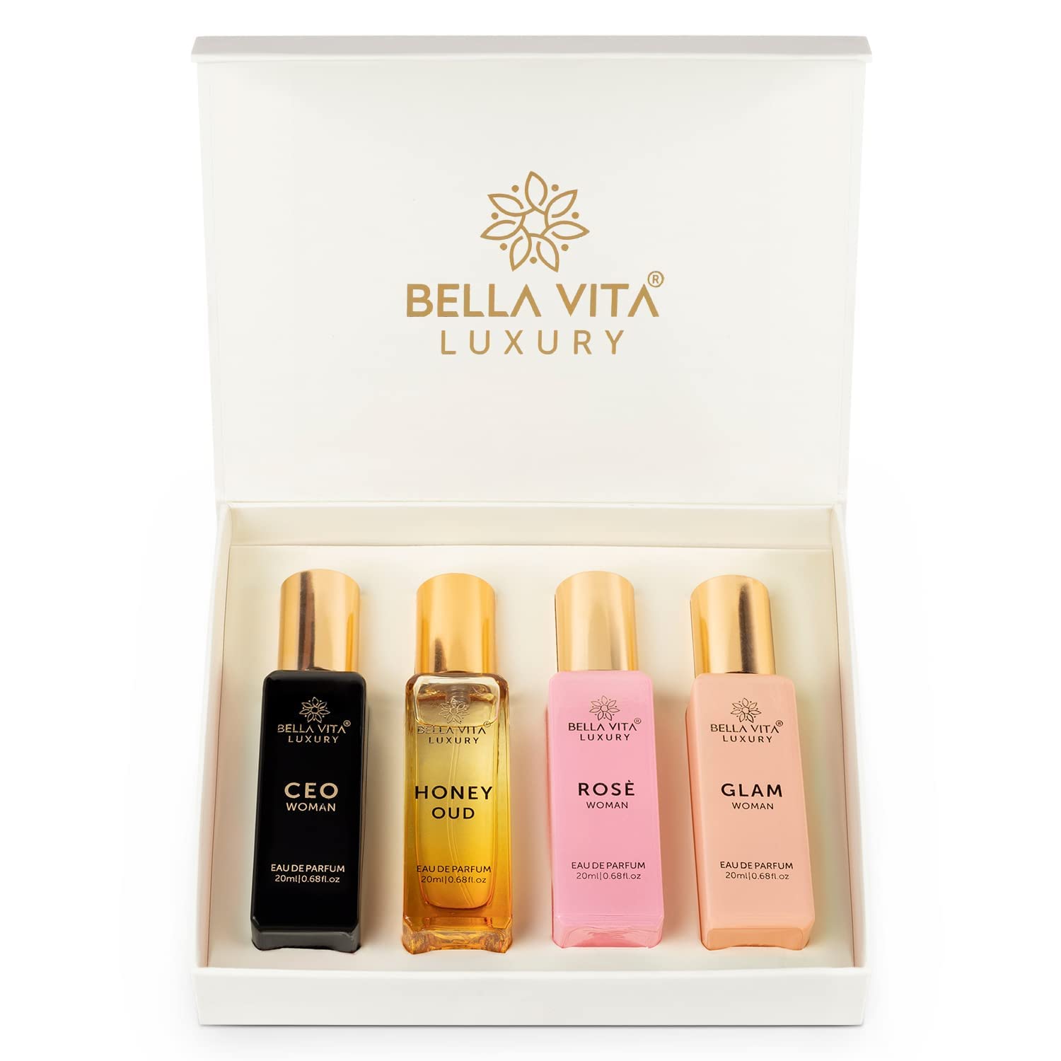 Vitation Store – Set de regalo de perfume de lujo para mujer, 4 x 0.7 fl oz, para mujer con CEO, Honey Oud, glamour, perfume de rosa, floral,