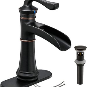 Homevacious Grifo de baño de bronce aceitado cascada fregadero de una sola manija mezclador con montaje de drenaje emergente Homevacious Grifo de baño de bronce aceitado cascada fregadero de una sola manija mezclador con montaje de drenaje emergente