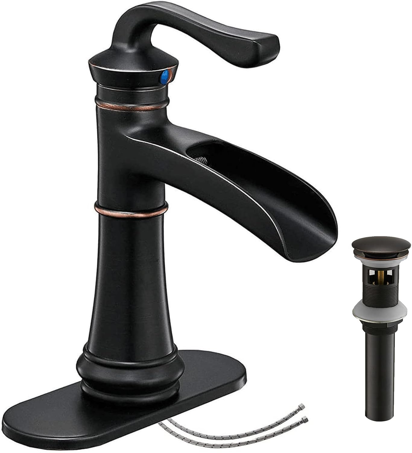 Homevacious Grifo de baño de bronce aceitado cascada fregadero de una sola manija mezclador con montaje de drenaje emergente