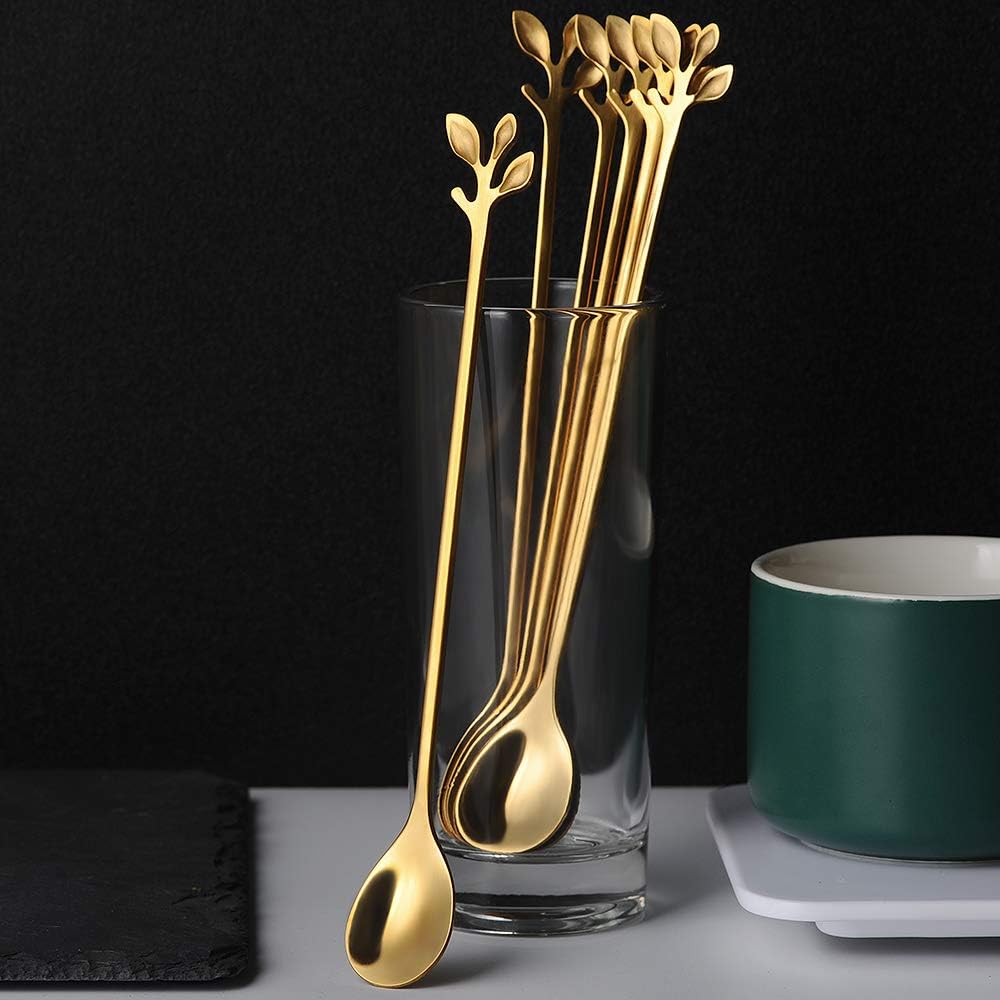 AnSaw Gold Leaf Handle – Cucharas largas de acero inoxidable de 7.4 pulgadas para café y té, cucharas para remover café, juego de 20