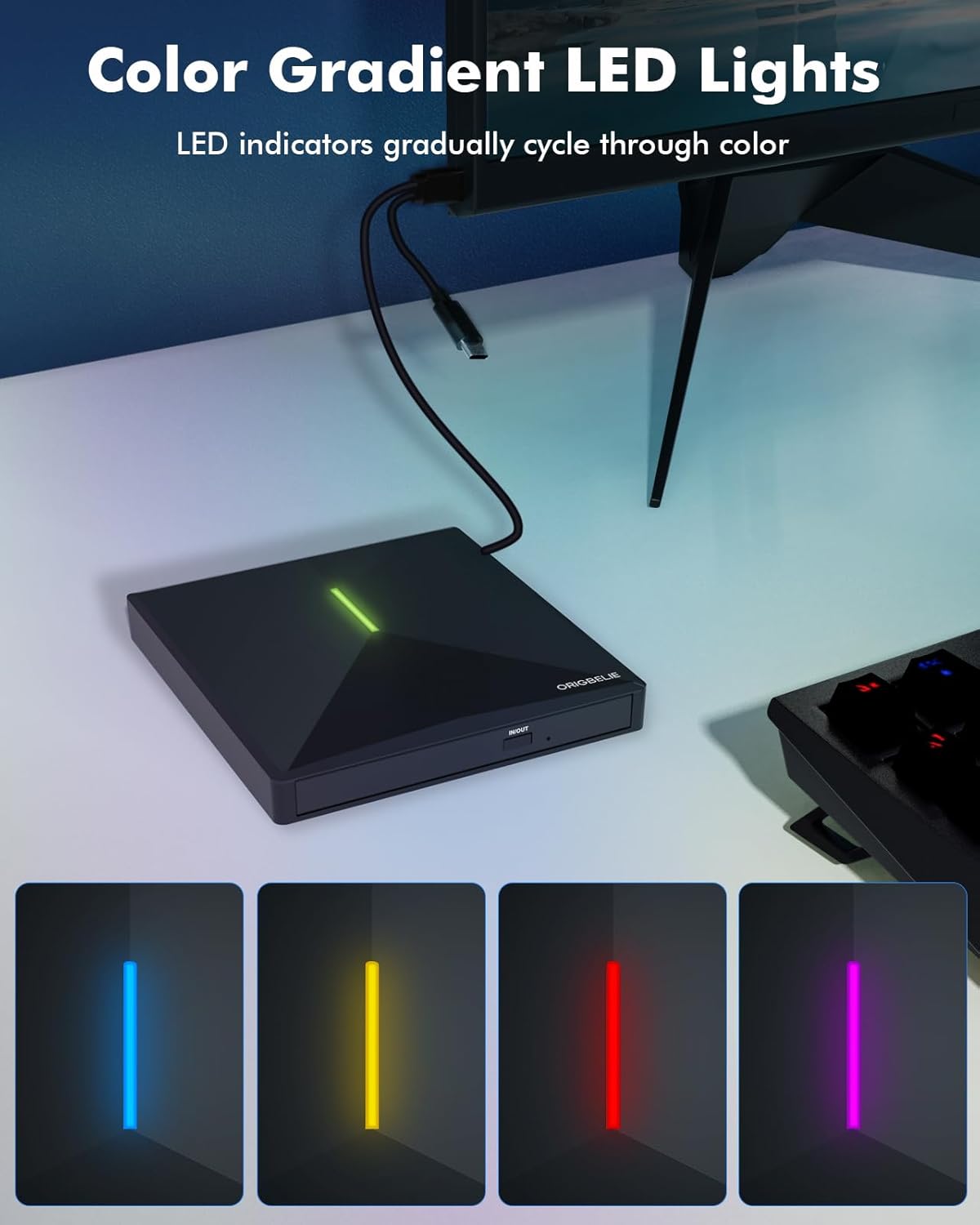 ORIGBELIE Unidad externa de CD y DVD con 4 puertos USB y 2 ranuras para tarjetas TFSD, USB 3.0 portátil CDDVD, reproductor de disco grabador para