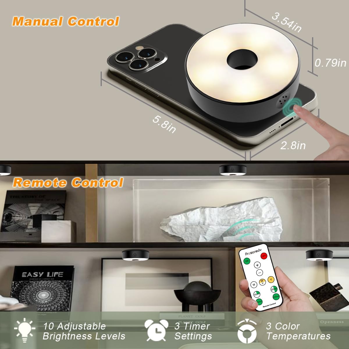 Luces de disco con control remoto, luces para debajo del gabinete, luces de armario con batería de 1600 mAh, paquete de 4, iluminación magnética