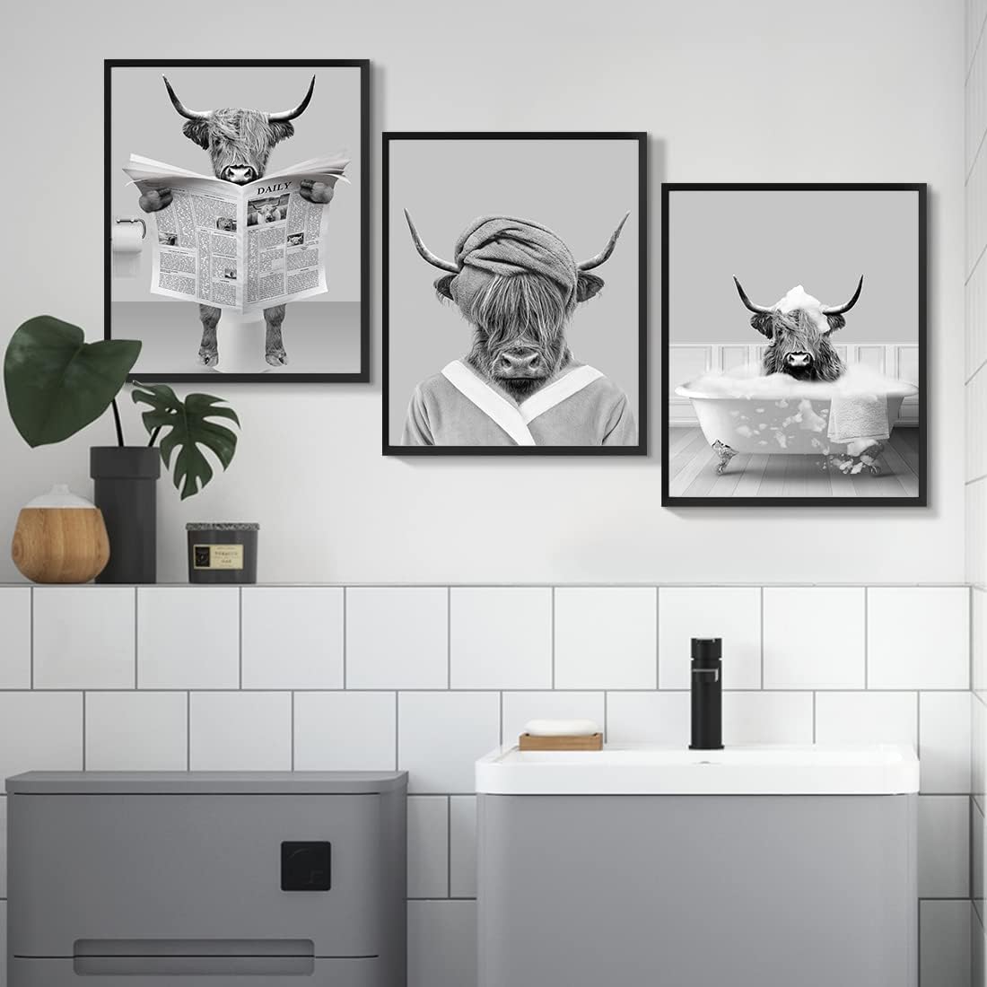 Gardenia Art Divertida decoración de vaca de las tierras altas en blanco y negro, arte de pared de granja, decoración de baño, póster vintage de