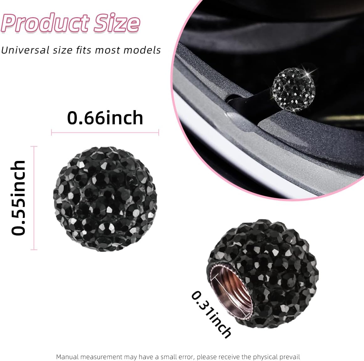 Kewucn 4 tapas de vástago de válvula de neumático de automóvil, hechas a mano, a prueba de polvo, con diamantes de imitación, accesorios exteriores