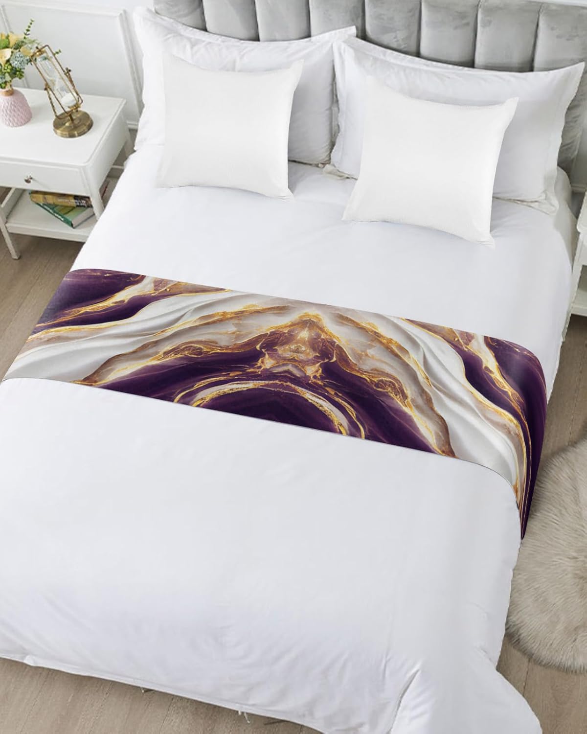 Caminos de cama con textura de mármol blanco y dorado morado para dormitorio, hotel, bufandas decorativas, grietas naturales, piedra de granito,