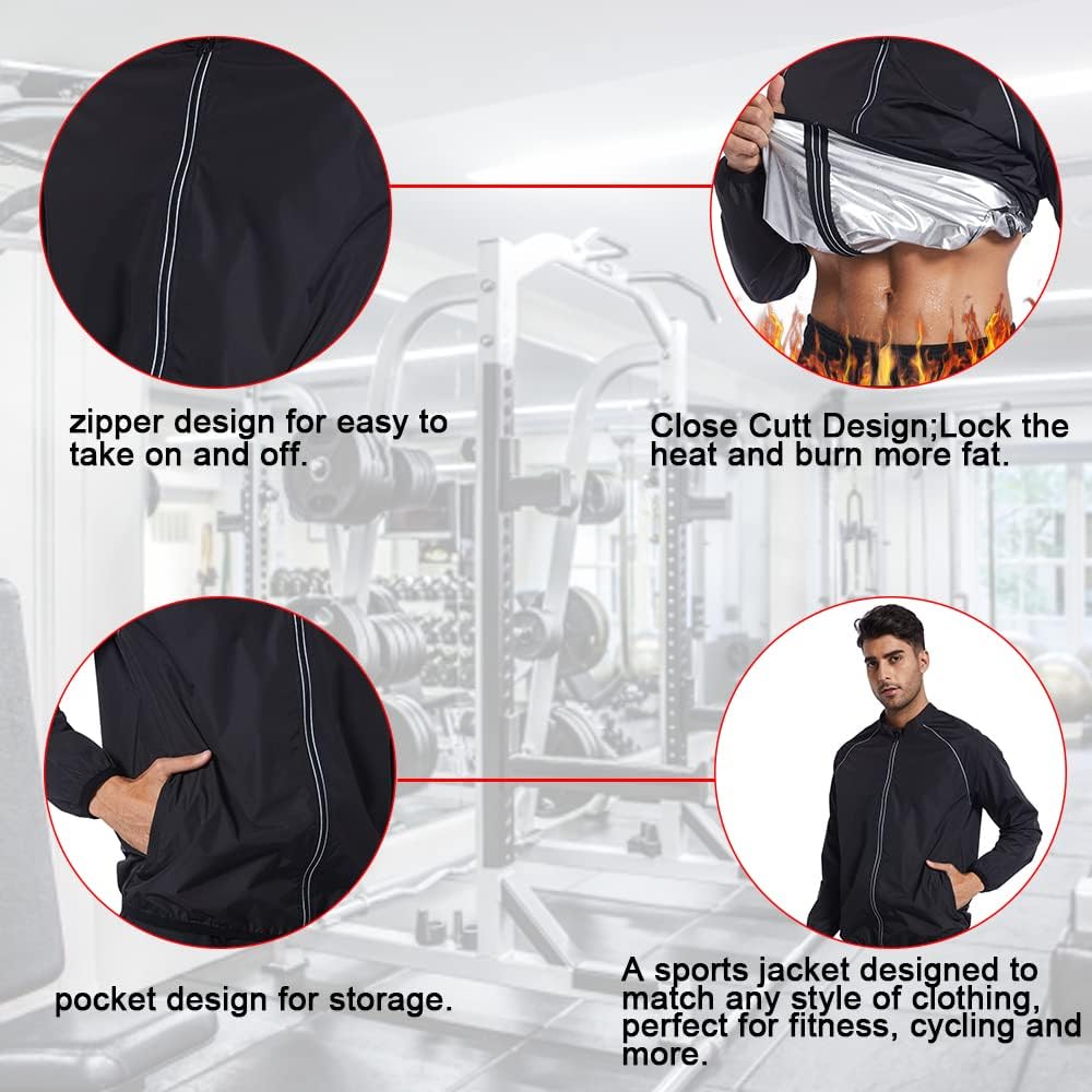 LAZAWG Sauna Jacket for Men Zipper Sweat Sauna Top Long Sleeve Suit Gym Workout Jacket