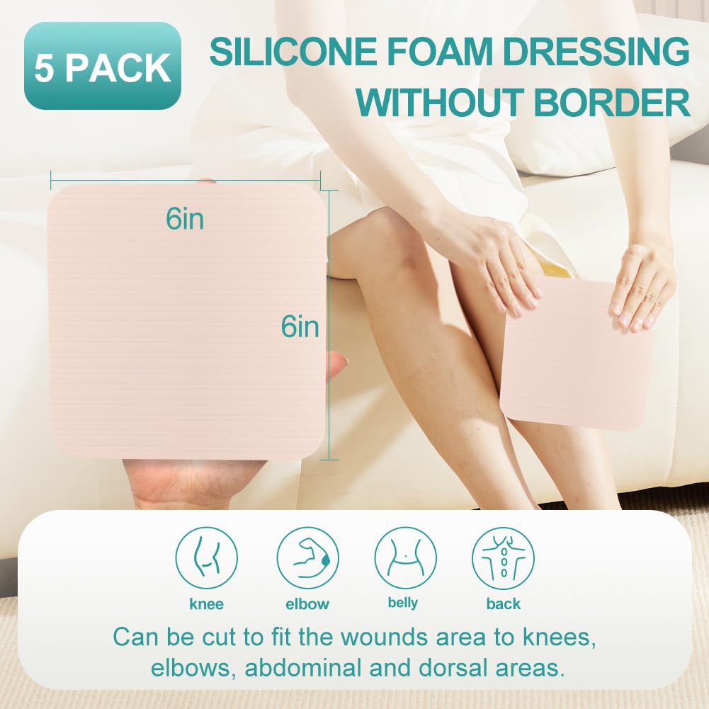 Dimora Apósito de espuma de silicona sin borde, 6 x 6 pulgadas, vendajes adhesivos altamente absorbentes para heridas, almohadillas cortables para