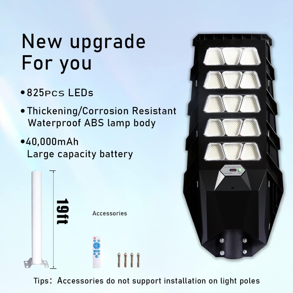 Juyace Luz solar de calle de 500 W, 825 LED, funciona con energía solar, luces de exterior del atardecer al amanecer con sensor de movimiento IP65