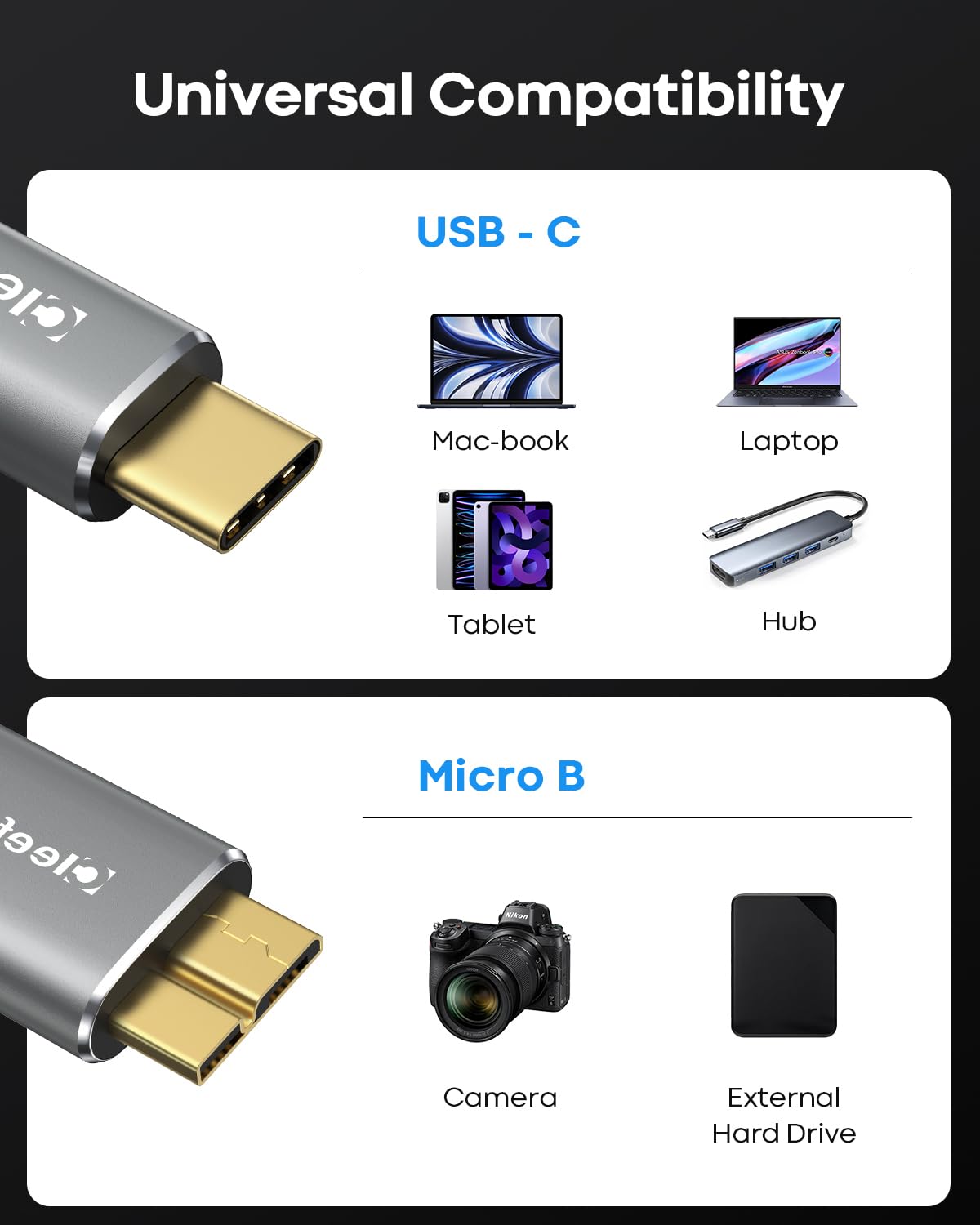 CLEEFUN Cable USB C a Micro B de 1.5 pies, cable de disco duro micro B a USB C de 10 Gbps para disco duro externo, Seagate, WD, Toshiba, Westgate y