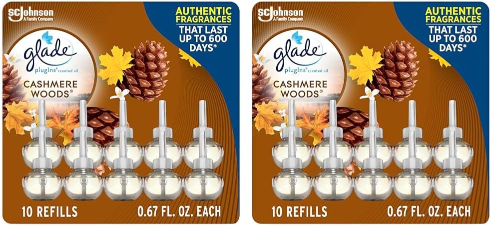 Glade PlugIns – Recambios de ambientador, aceites esenciales y perfumados para el hogar y el baño, maderas de cachemira, 0.67 onzas líquidas, 10