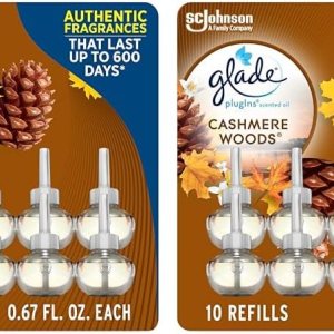 Glade PlugIns – Recambios de ambientador, aceites esenciales y perfumados para el hogar y el baño, maderas de cachemira, 0.67 onzas líquidas, 10 Glade PlugIns – Recambios de ambientador, aceites esenciales y perfumados para el hogar y el baño, maderas de cachemira, 0.67 onzas líquidas, 10