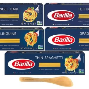 Barilla Pasta, pelo de ángel, fettuccine, lingüino, espaguetis y espaguetis finos, 16 onzas (paquete de 5) con mini espátula Make Your Day Barilla Pasta, pelo de ángel, fettuccine, lingüino, espaguetis y espaguetis finos, 16 onzas (paquete de 5) con mini espátula Make Your Day