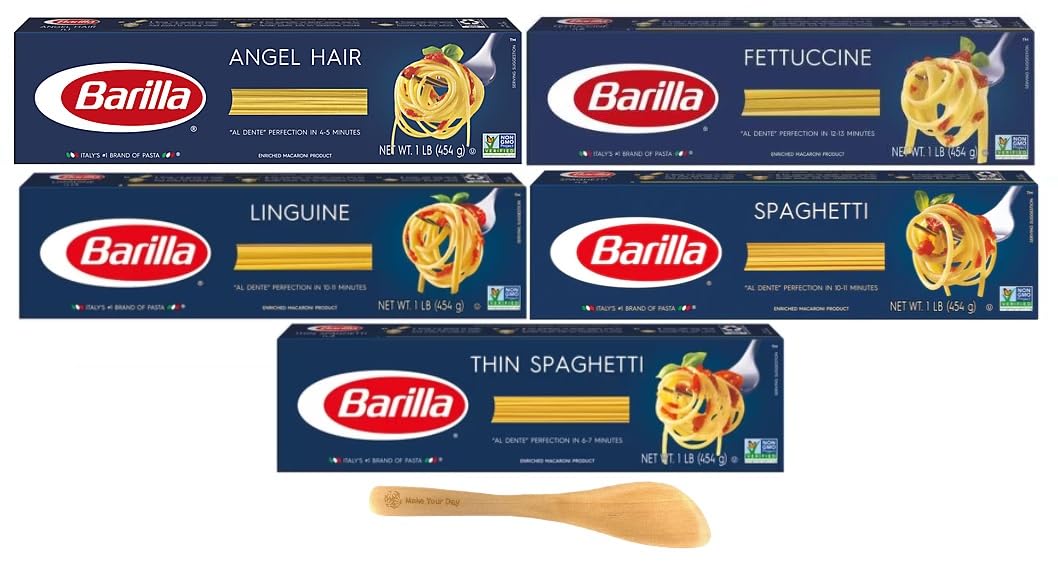 Barilla Pasta, pelo de ángel, fettuccine, lingüino, espaguetis y espaguetis finos, 16 onzas (paquete de 5)  con mini espátula Make Your Day