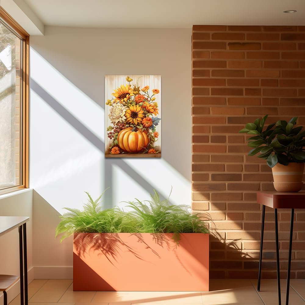 QIXIANG Lienzo decorativo de otoño para pared, diseño de calabaza y girasol, pintura del día de Acción de Gracias, lienzo de cosecha de otoño, marco