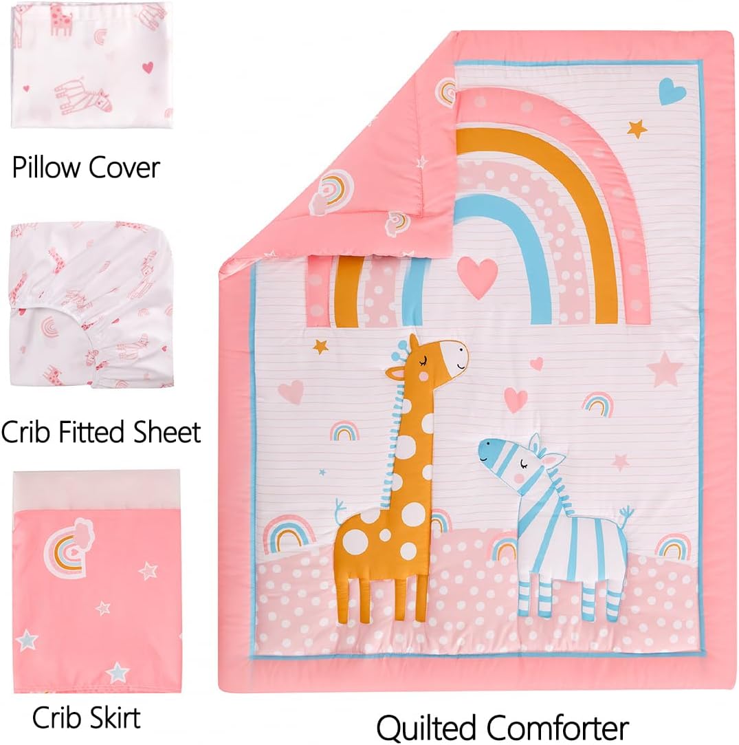 Juego de ropa de cama para cuna para niñas, 4 piezas, bohemio, arco iris, rosa, juego de ropa de cama para guardería con edredón de bebé, sábana