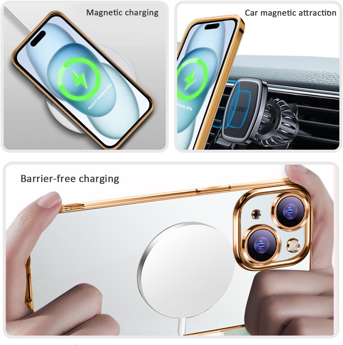 Funda transparente diseñada para iPhone 15 Plus, compatible con MagSafe, iPhone 15Plus, funda magnética con protector de lente de cámara, a prueba