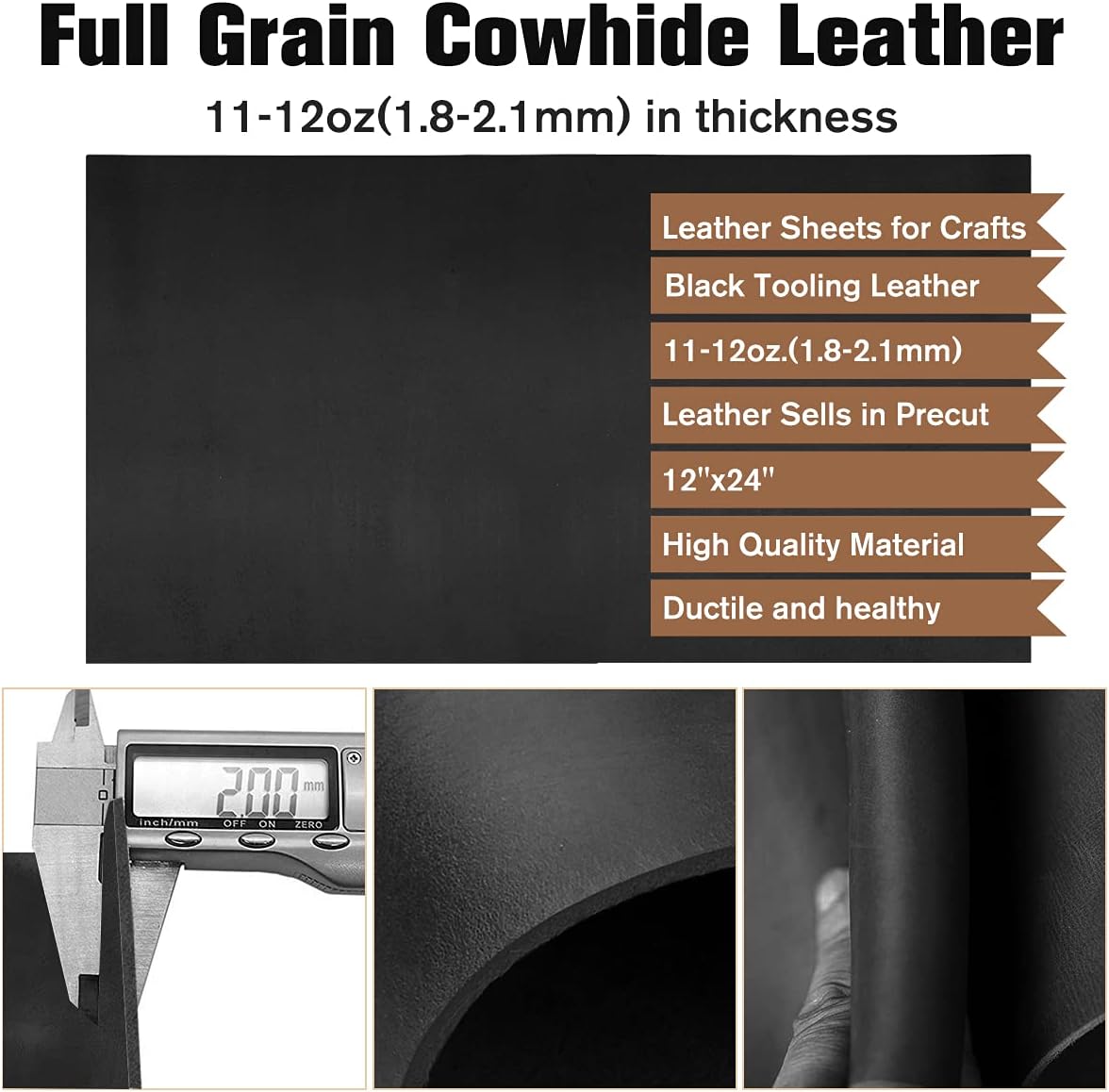 Hojas de cuero negro para manualidades, herramientas de cuero, cuadradas, de 0.071-0.083 in de grosor, piezas de cuero de grano completo, cuero de