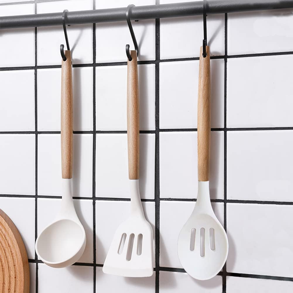 IOCBYHZ Juego de 5 utensilios de cocina de silicona, juego de utensilios de cocina con mango de madera resistente al calor, antiadherente, espátula
