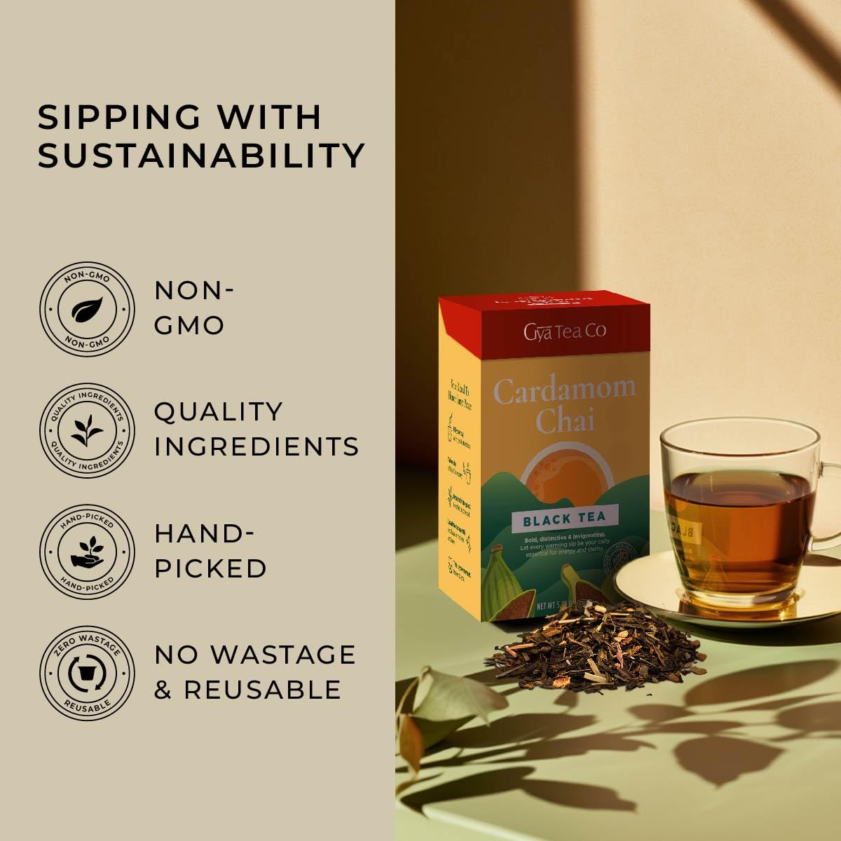 Gya Tea Co Té negro Chai de hoja suelta, té de cardamomo con cafeína, sin calorías, té de cardamomo con cafeína, té de hojas sueltas 100% natural