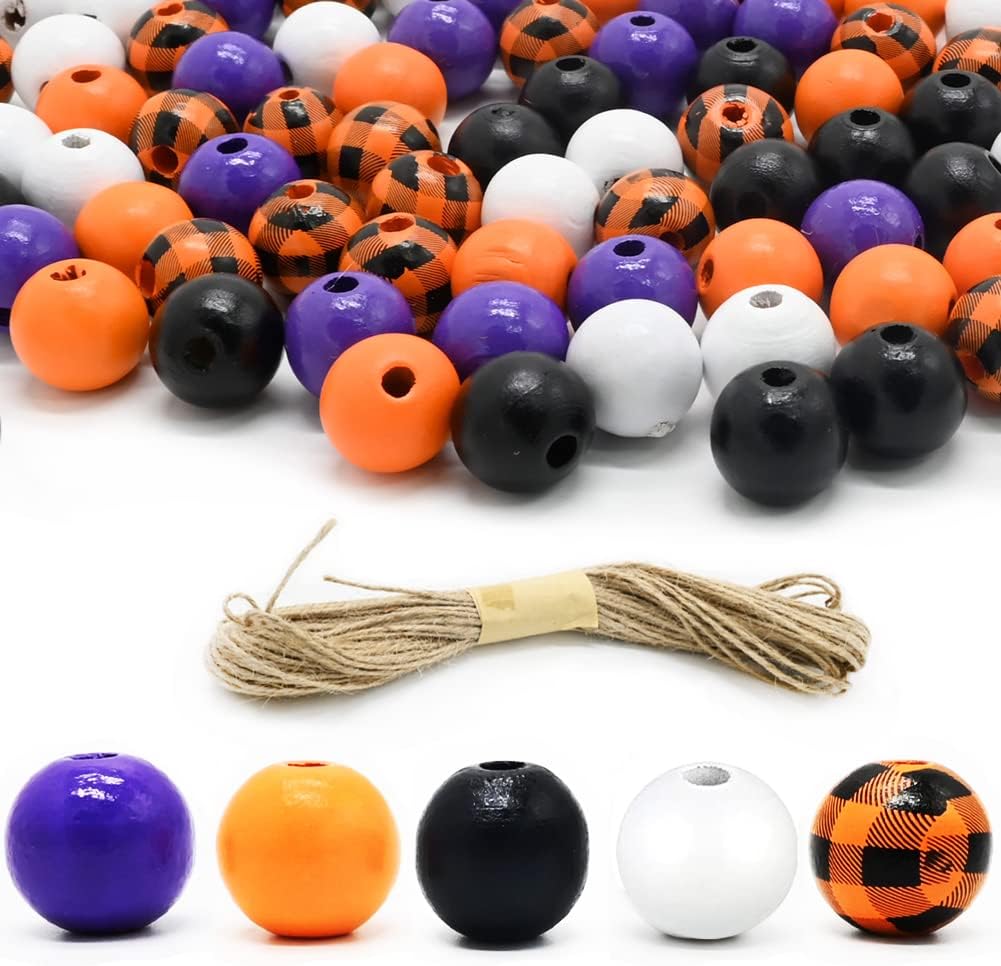 150 cuentas redondas de madera de Halloween, cuentas coloridas a cuadros de búfalo, cuentas espaciadoras de madera rústicas con cuerda de cáñamo