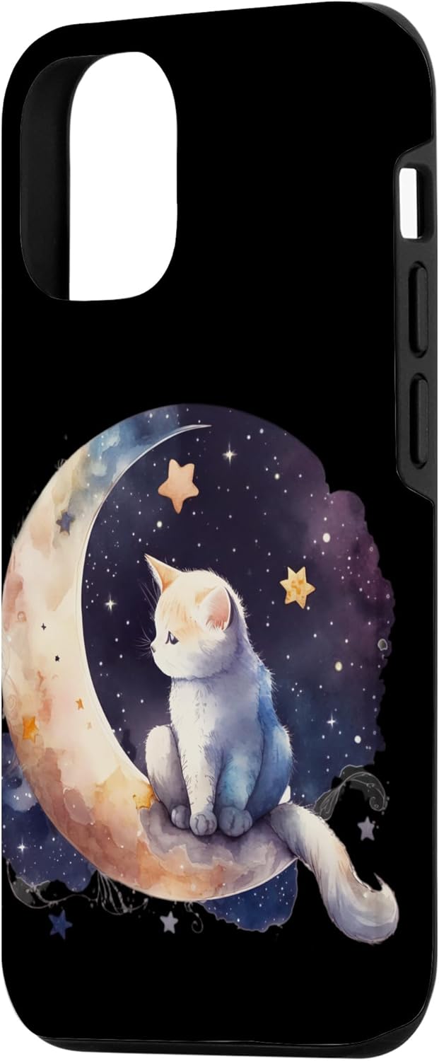 Funda para iPhone 13 con diseño de gato y luna creciente y fases lunares moradas