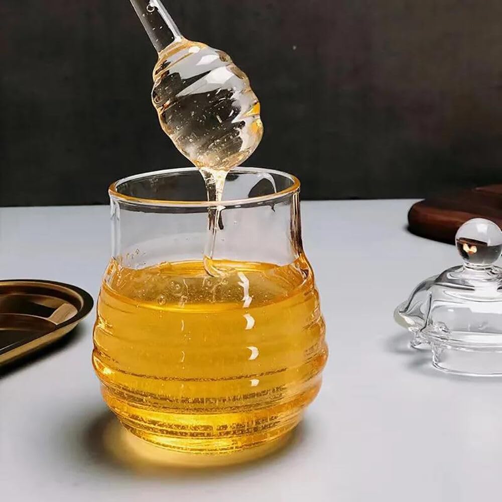 Honey Pot – Tarro de miel de vidrio con cuchara de 9.8 oz (9.8 fl oz) Contenedor de miel con tapa y recipiente de jarabe de miel