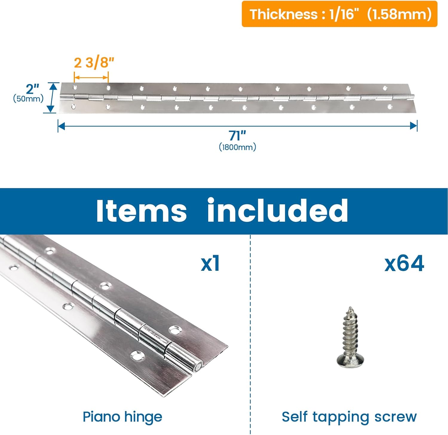 Muzata Paquete de 1 bisagra de piano de acero inoxidable resistente de 71 pulgadas con agujeros para caja de almacenamiento de puerta de barco, 2