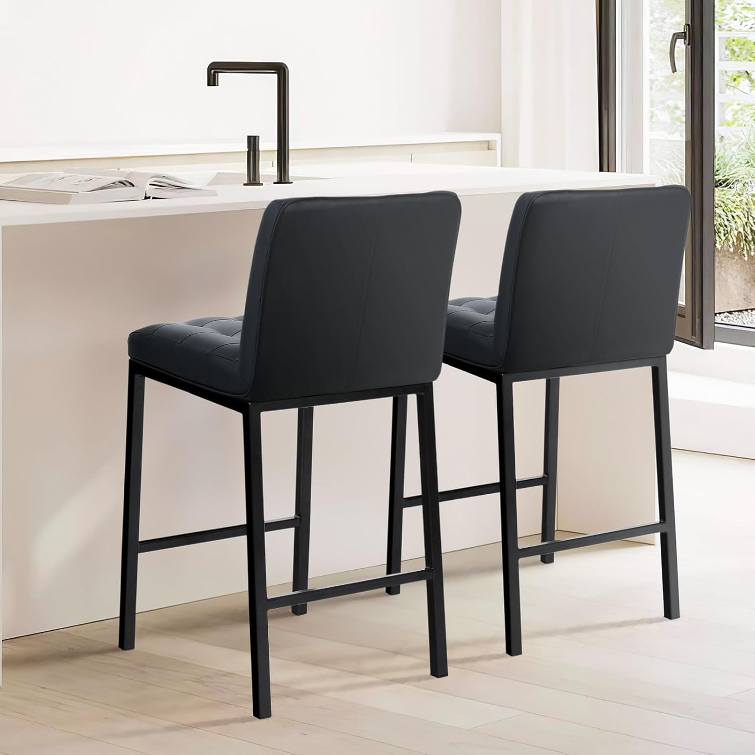 E&D FURNITURE Taburetes de bar de 26 pulgadas con respaldo, patas de metal, cuero sintético, moderno tapizado, altura de mostrador para encimera de