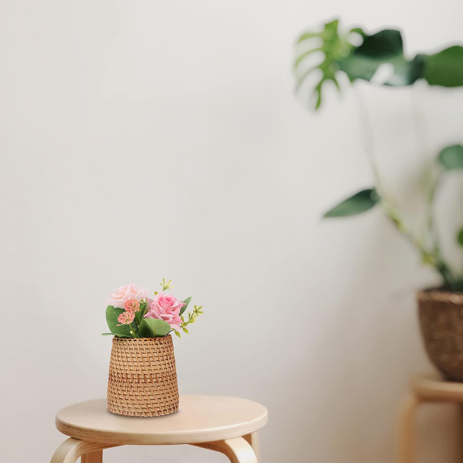 Cabilock Soporte para bolígrafo Decoración de mesa de boda Jarrón de mimbre Mini soporte de lápiz cesta de ratán contenedor de brochas de maquillaje