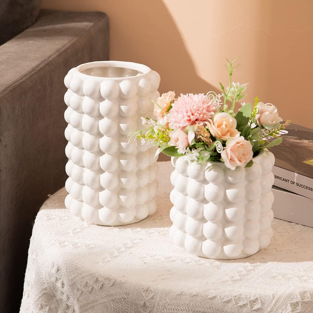 Anding Jarrón blanco. Flores. Jarrón de cerámica blanca para decoración del hogar. Jarrón de hierba de las pampas. Florero bohemio. Jarrón moderno.