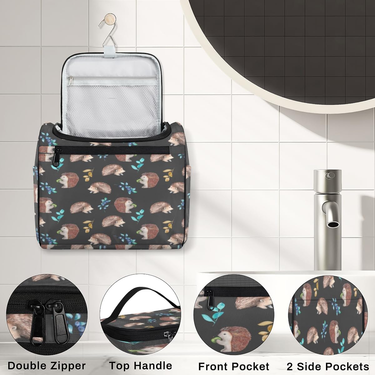 Erizos Animals Pattern Travel Toiletry Bag Water-Resistant Makeup Cosmetic Bag with Hanging Hook Large Capacity Makeup Organizer for Women Travel