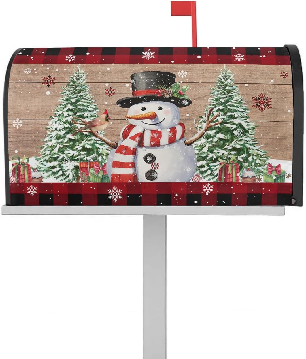 Funda magnética de Navidad para buzón de 21 x 25.5 pulgadas, sombrero de búfalo a cuadros, muñeco de nieve, árbol de Navidad en tablero de madera