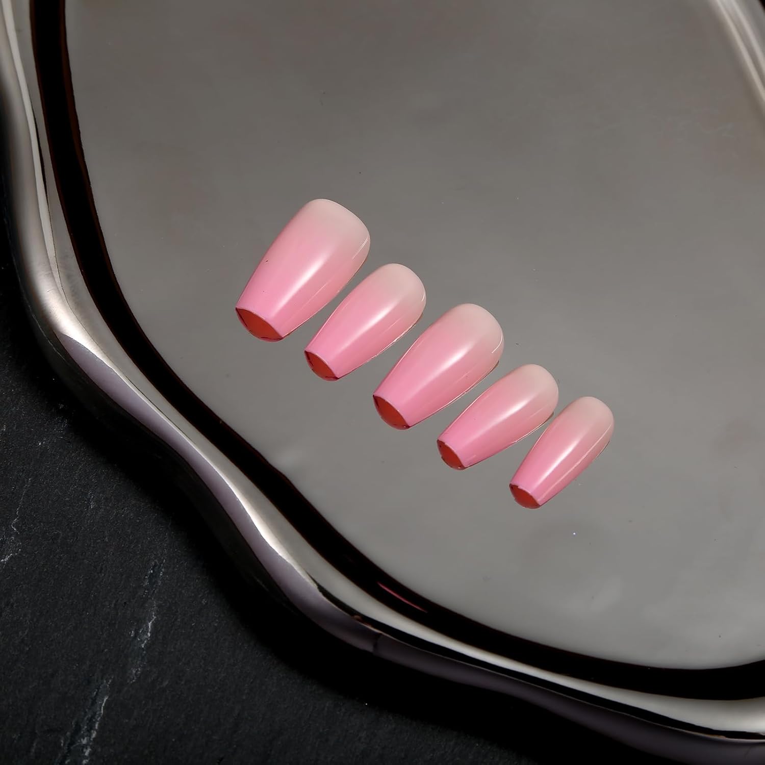 Uñas postizas a presión con forma de ataúd de color rosa degradado, medianas, uñas postizas con pegamento, reutilizables, 24 unidades, 12 tamaños,