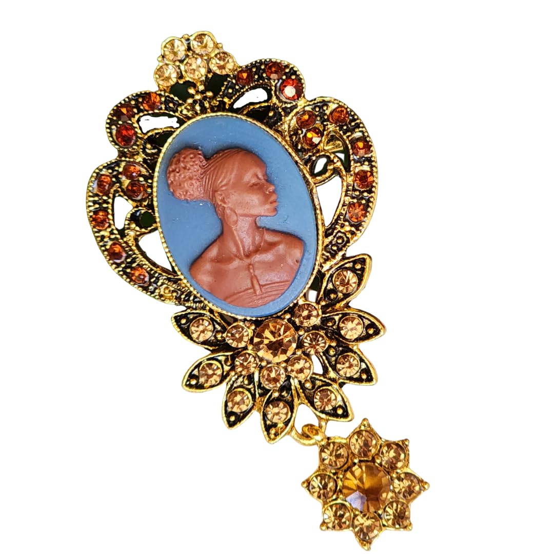 Deborah’s Elegance – Rhinestone Black Lady Cameo Brooch by Brownskin Things – FREE SHIPPING – Handmade – Vintage Style – Blue and Brown