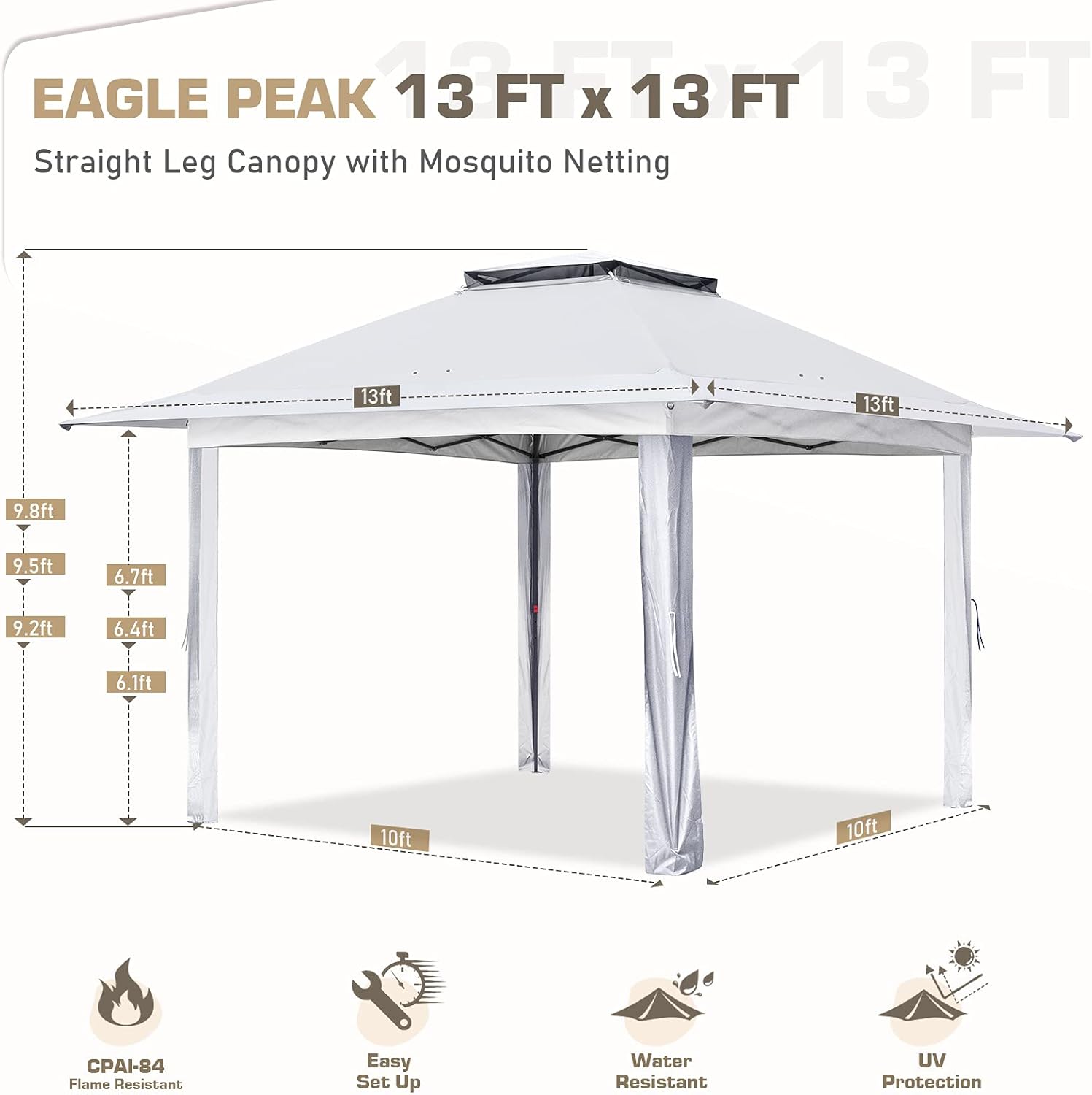 EAGLE PEAK Tienda de campaña desplegable de 13 x 13 pies con mosquitera, toldo para cenador al aire libre fácil de instalar (blanco)