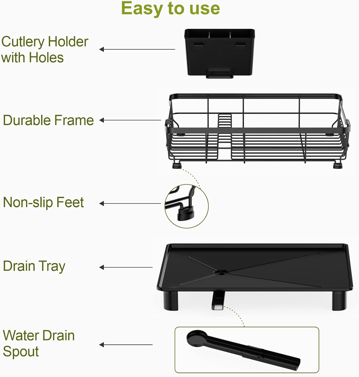 GSlife Escurridor de platos con escurridor, escurridor de platos para encimera de cocina con 12 ranuras para platos, resistente al óxido con patas