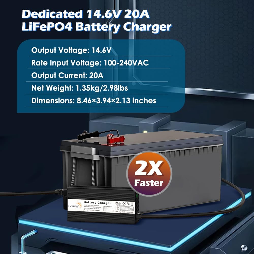 LVYUAN Cargador de batería LiFePO4 de 14.6V 20A, cargador de batería inteligente automático y mantenimiento de desulfatador con chip inteligente