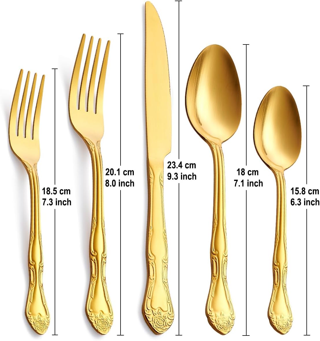 Juego de cubiertos dorados de 30 piezas, cubiertos de acero inoxidable con acabado satinado que incluye tenedores, cucharas y cuchillos, diseño de
