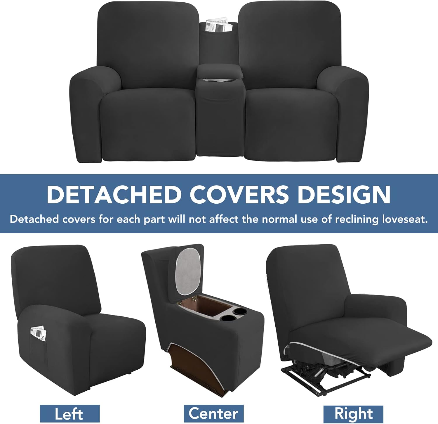 Easy-Going Funda elástica para sofá biplaza reclinable con consola central, suave forro polar ajustable de 2 asientos con soporte y almacenamiento,