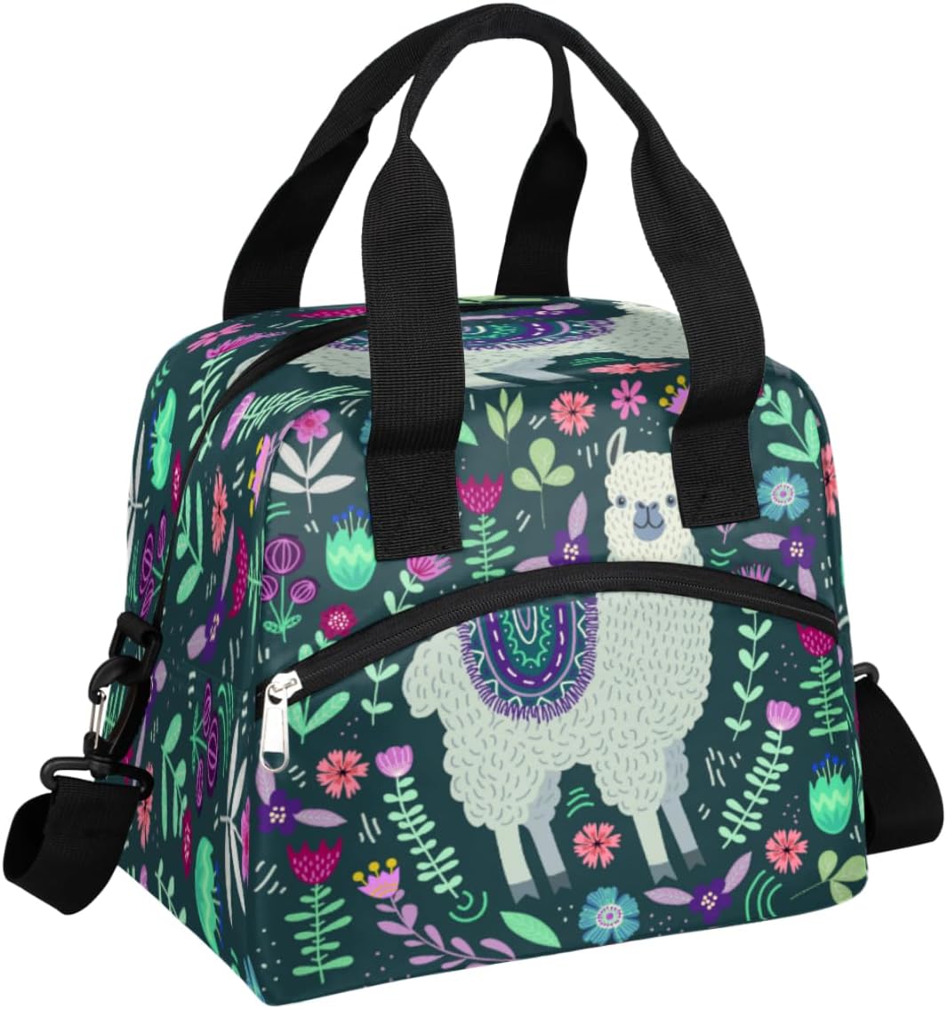 JXDXHCW Lonchera con estampado floral de alpaca, bolsa aisladaenfriadora para mujeres, hombres, niñas, niños, bolsa de almuerzo con correa ajustable