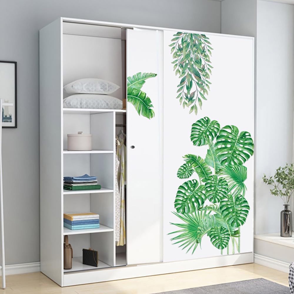 Calcomanías de pared grandes de hojas verdes, calcomanías de pared de hojas de plantas tropicales para colgar en la parte trasera de tortuga,